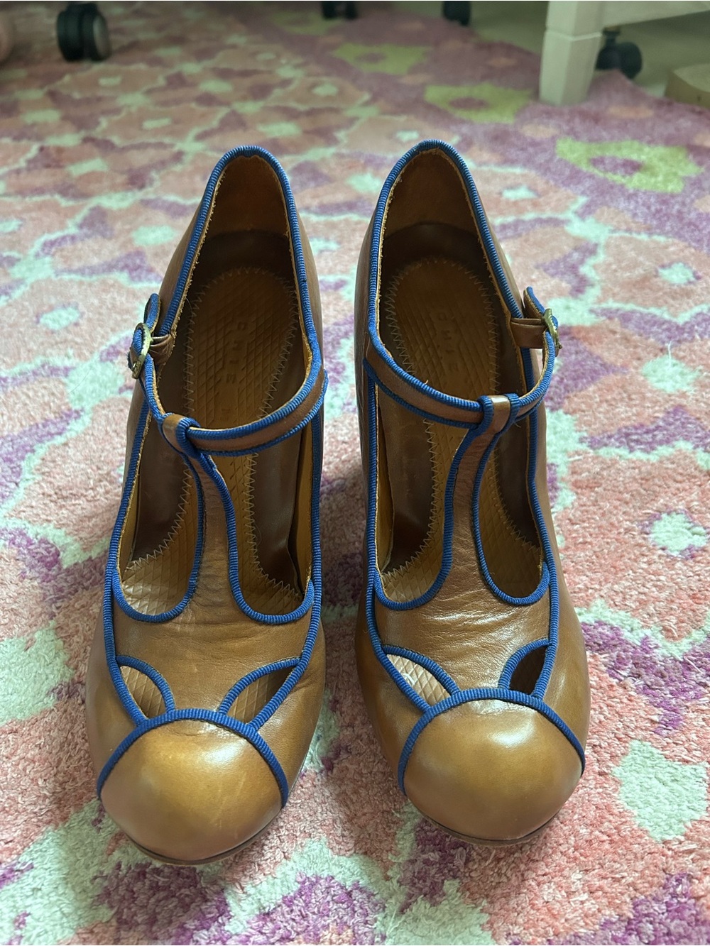 Chie Mihara Tan Leather T-Strap Heels with Blue Trim